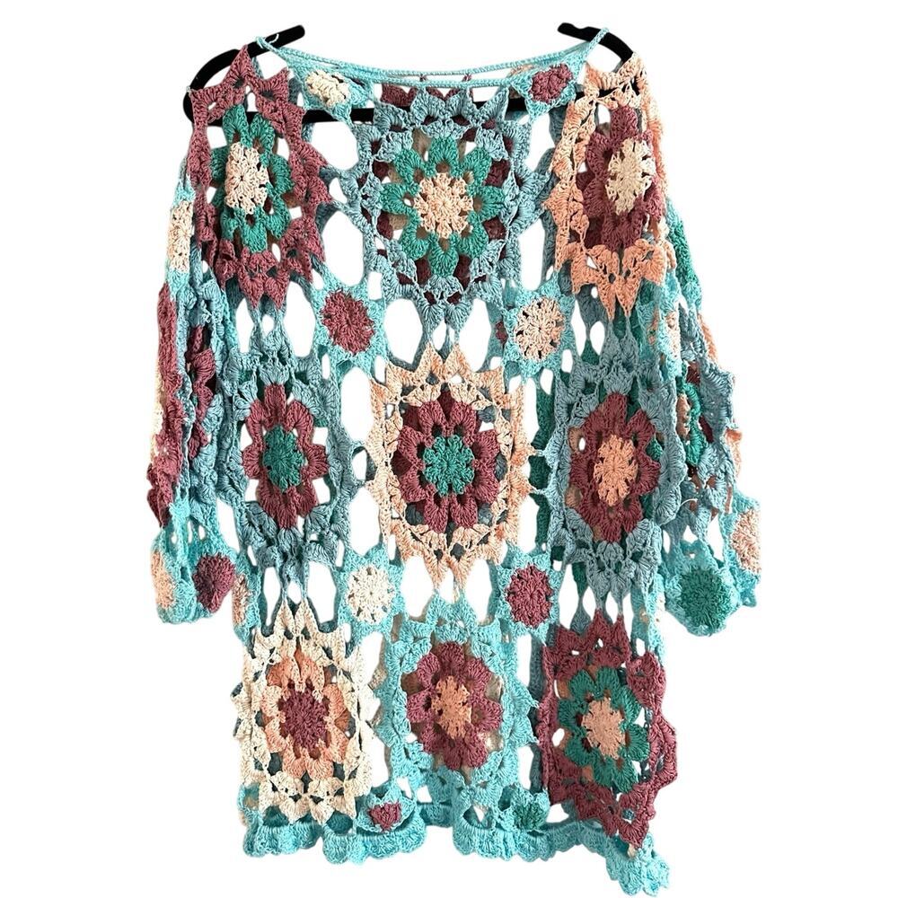 Handmade Vintage Granny Square Crochet Knit Tunic Coverup Sweater Boho Festival
